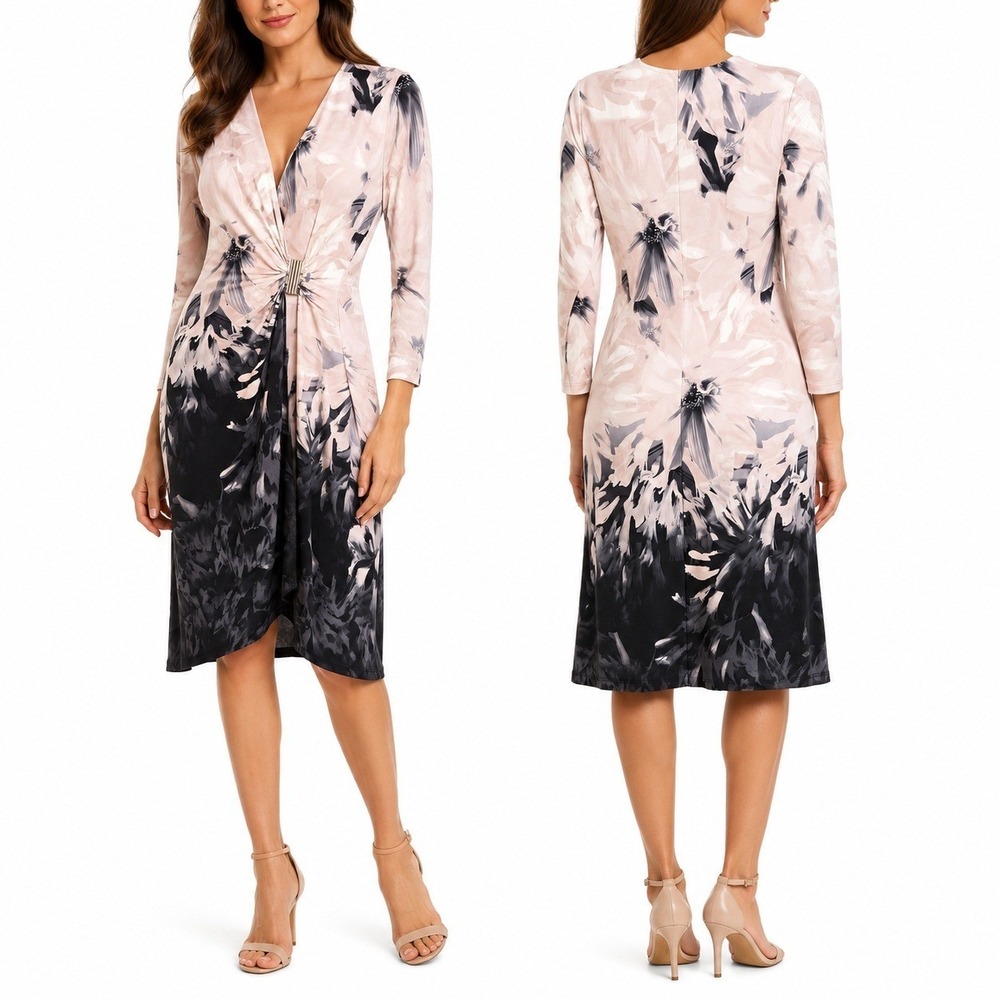 Calvin Klein Floral Ombre Sheath Dress Pink Black V-Neck Buckle 3/4 Sleeve